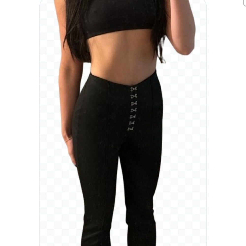 Meshki Black High Waisted Hook N Eye Straight Leg Pants Sz Sm